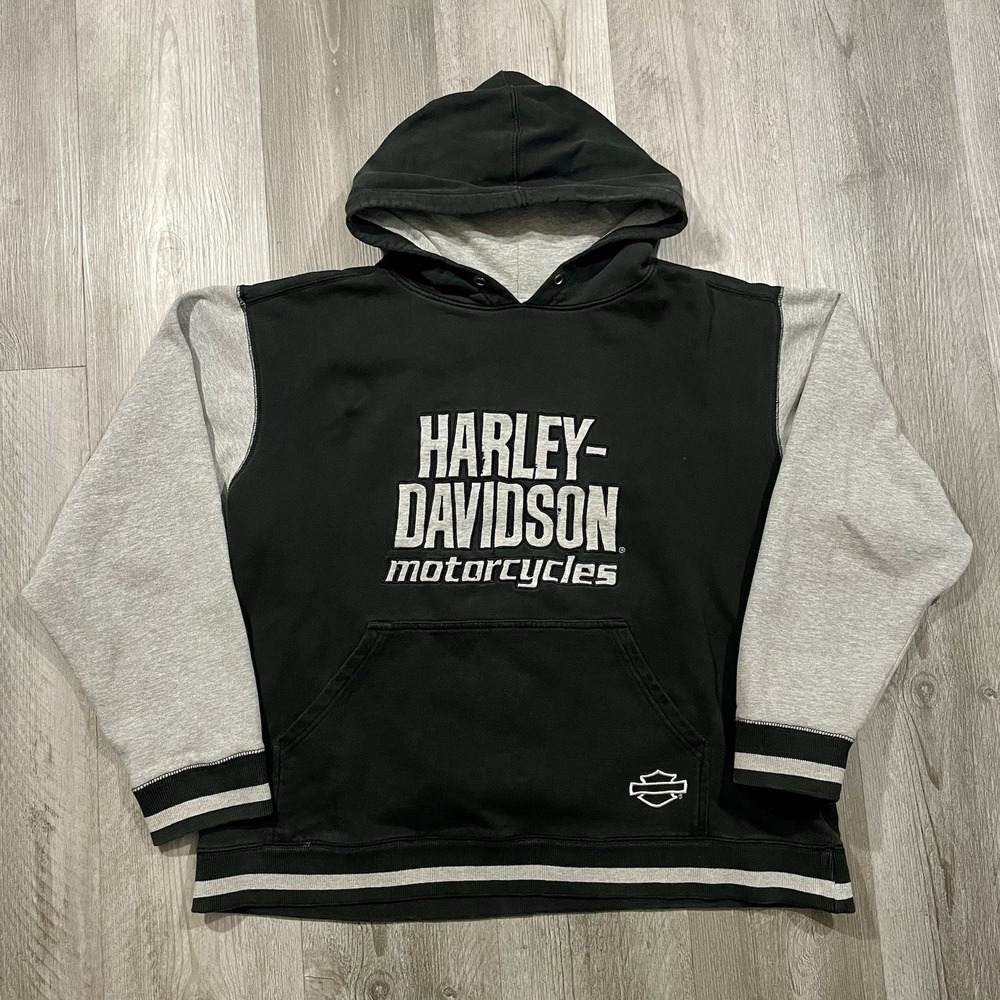 Vintage Harley Davidson Motorcycles Embroidered Size Large Black Gray‎ Hoodie